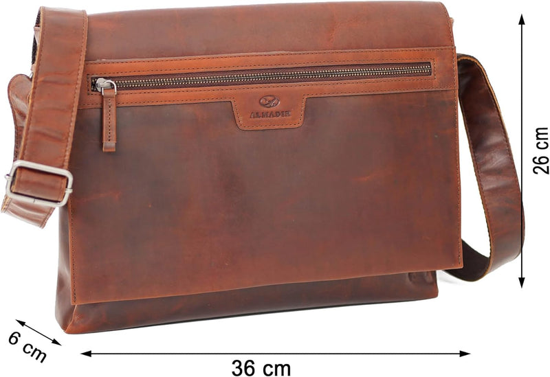 ALMADIH Leder Umhängetasche braun Vintage aus Rindsleder - Ledertasche mit gepolstertem Laptop Fach,