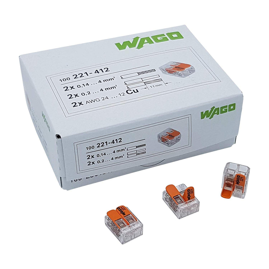 WAGO 50 Stück 221-412 Verbindungsklemme, 2-adrig, mit Hebel, 0,2-4qmm kleine Form, transparent 1 2 F
