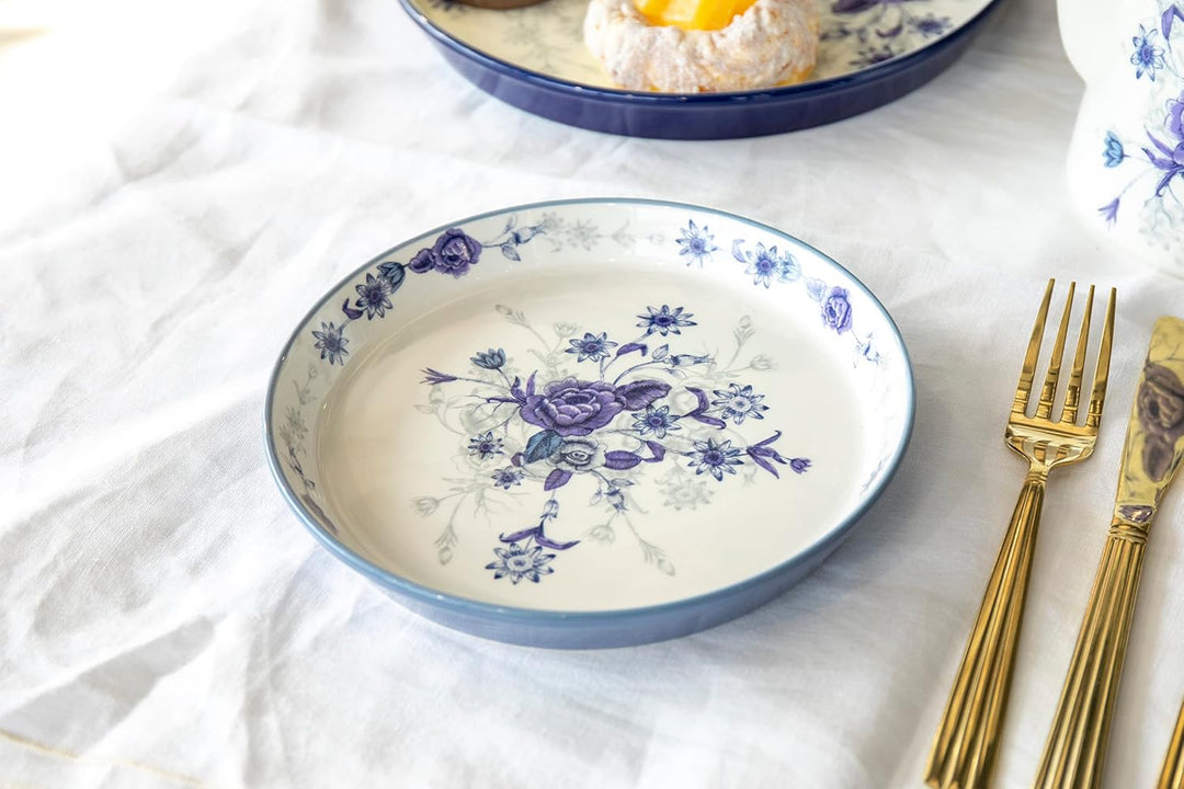 London Pottery Blue Rose Kuchenteller, Keramik, Mandel-Elfenbeinweiss/Blau, 20 cm