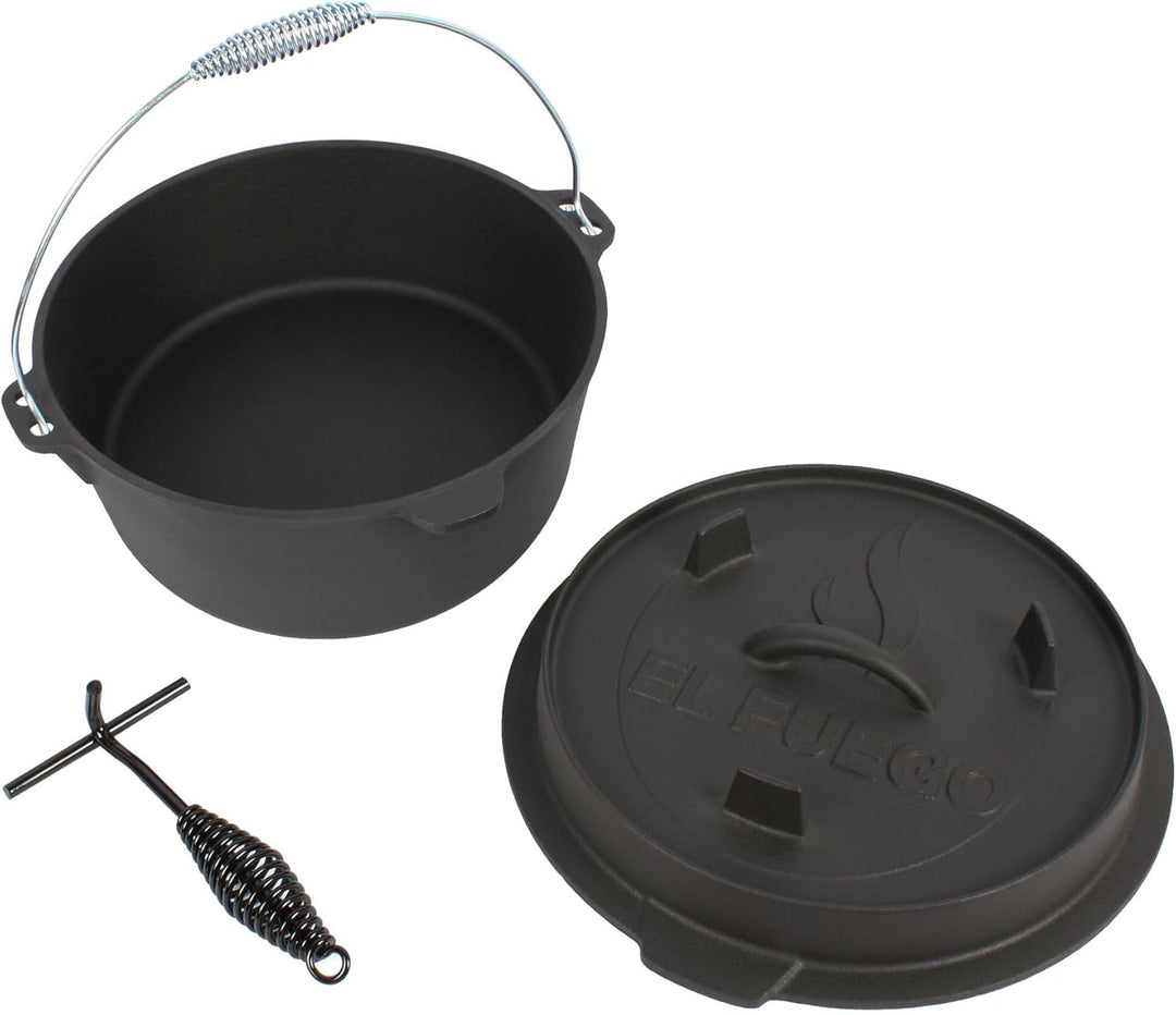 Dutch Oven 13,6 Liter von El Fuego®, 100% Gusseisen, inkl. Schürhaken und Tragebügel, Camping & Outd