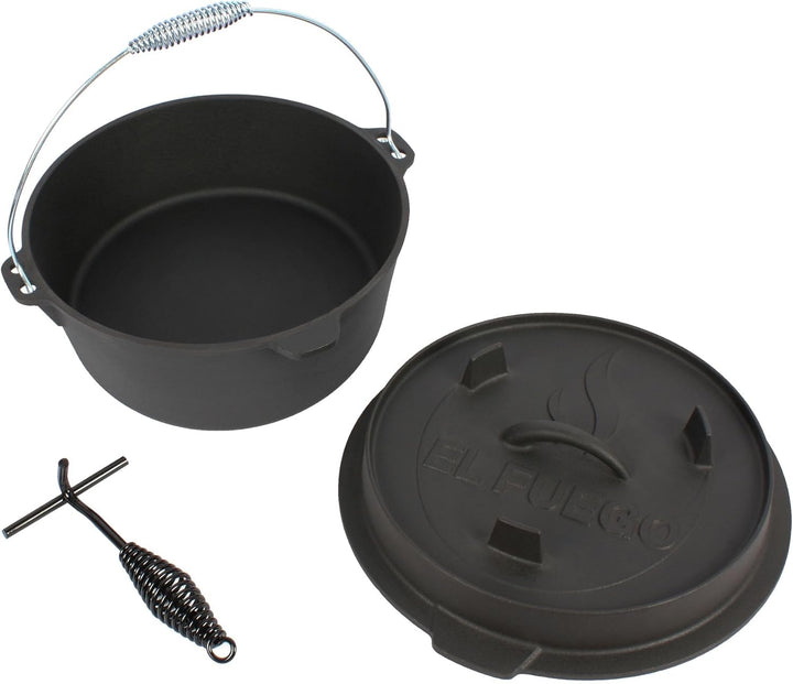 Dutch Oven 13,6 Liter von El Fuego®, 100% Gusseisen, inkl. Schürhaken und Tragebügel, Camping & Outd