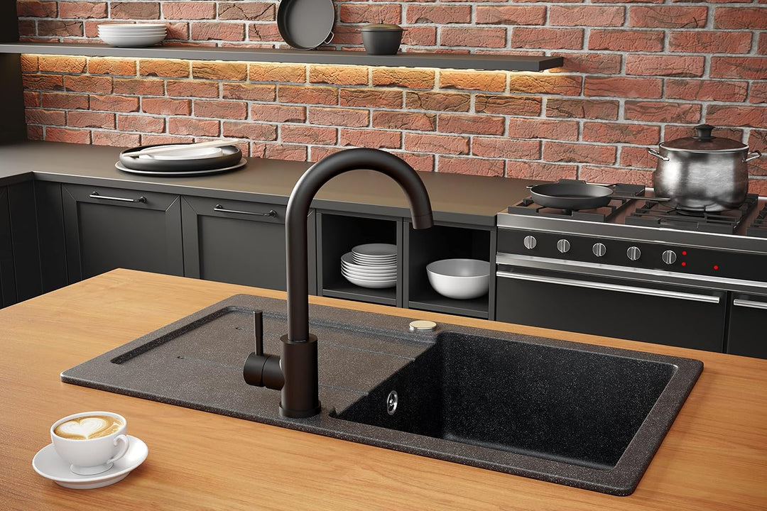 VBChome Spülbecken mit Armatur Schwarz 62 x 44 cm Granit Einzelbecken Einbauspüle Abtroffläche Gespr