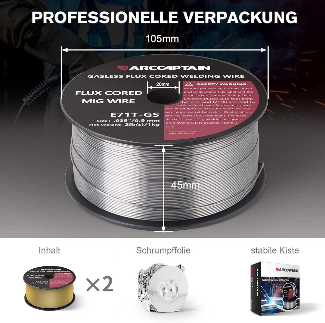 ARCCAPTAIN Fülldraht 0,9mm 1KG E71T-GS MIG Schweissdraht für Schweissgerät ohne Gas MIG/MAG FLUX Sch