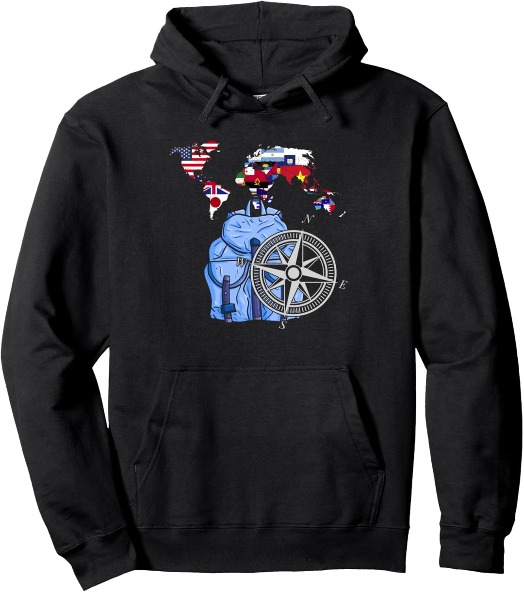 Weltkarte Rucksack Kompass Weltreise Reisen Flaggen Pullover Hoodie