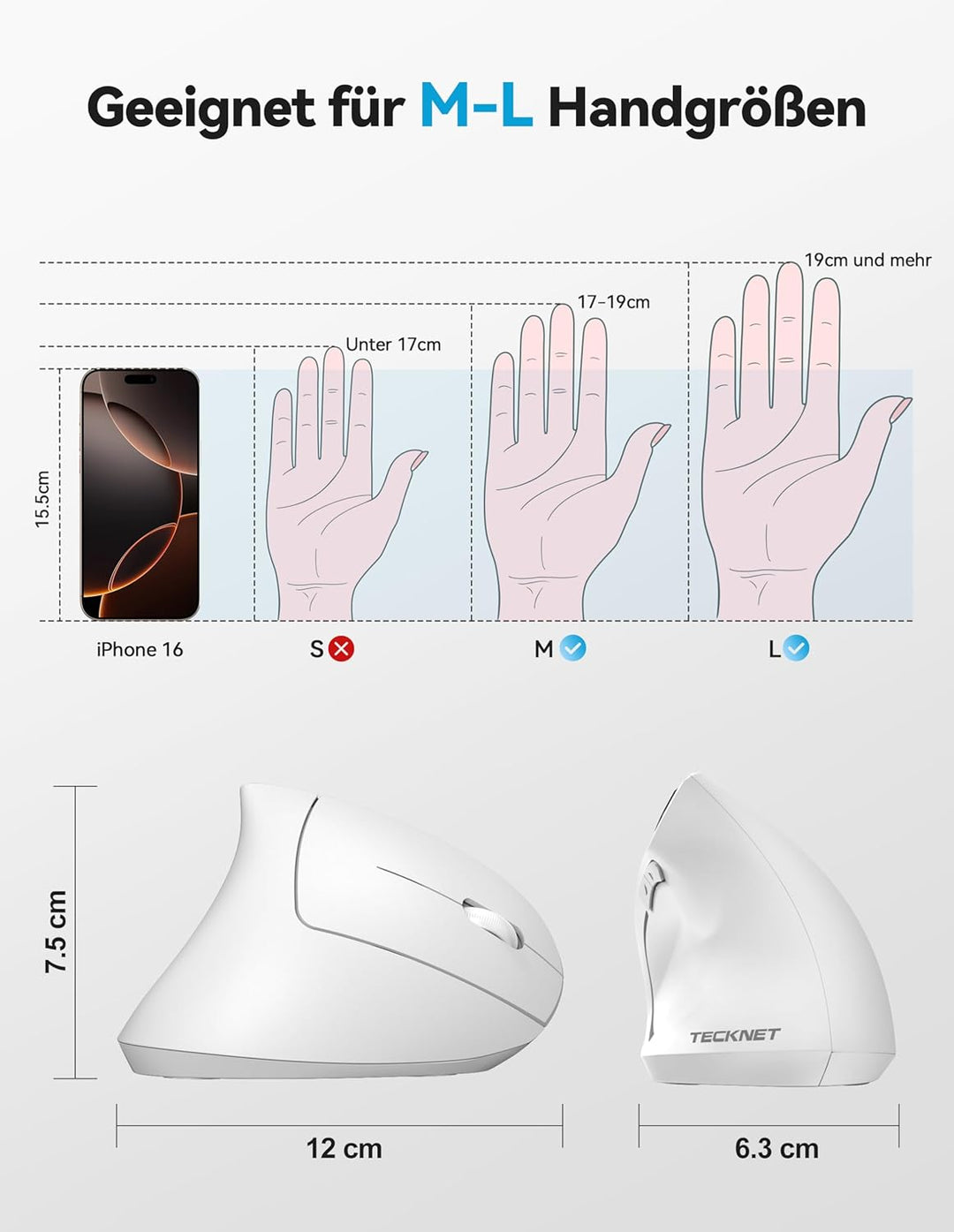 TECKNET Ergonomische Bluetooth Maus, Wiederaufladbar Kabellose Vertikale Maus (BT 5.0/3.0 + 2.4G), 6