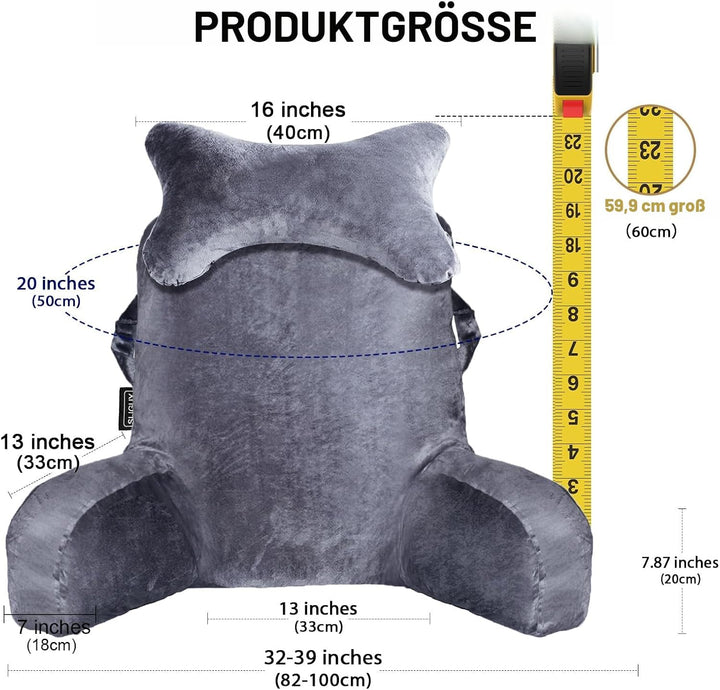 Lesekissen zum Sitzen im Bett Couch Erwachsene, Rückenkissen mit Taschen, Rückenkissen für Erwachsen