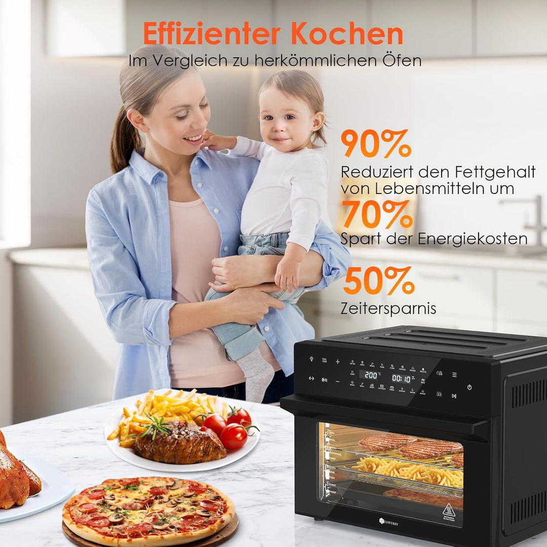 LLIVEKIT 30L Heissluftfritteuse XXL, Minibackofen Umluft mit 20 Programme und 9 Zubehör, Mini Backof