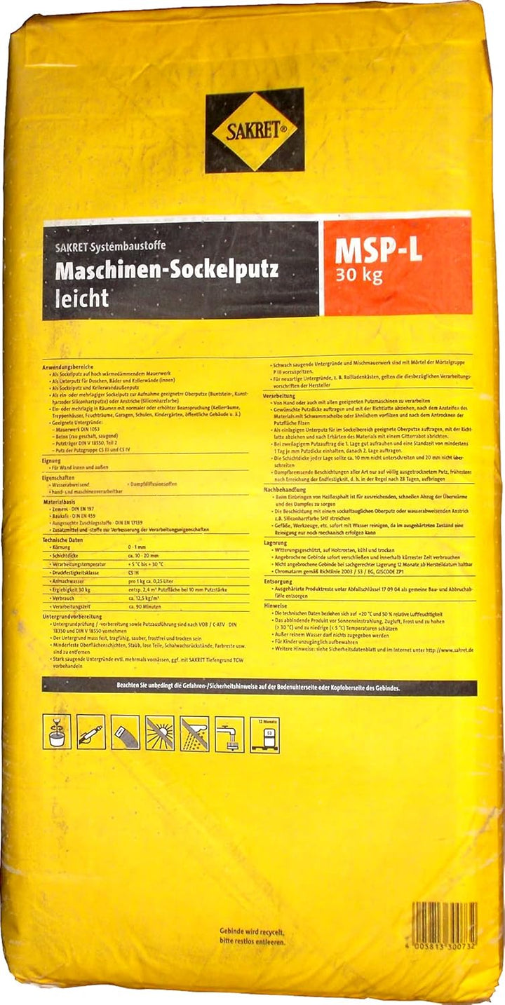 Sakret 30kg Maschinen-Sockelputz leicht MSP-L Grau als Sockelputz auf hoch wärmedämmendem Mauerwerk