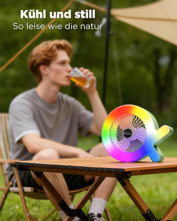 Tischventilator 2-in-1 Mit Rgb-licht Und Wiederaufladbarem 2000mAh Akku, USB-C, 3 Windgeschwindigkei