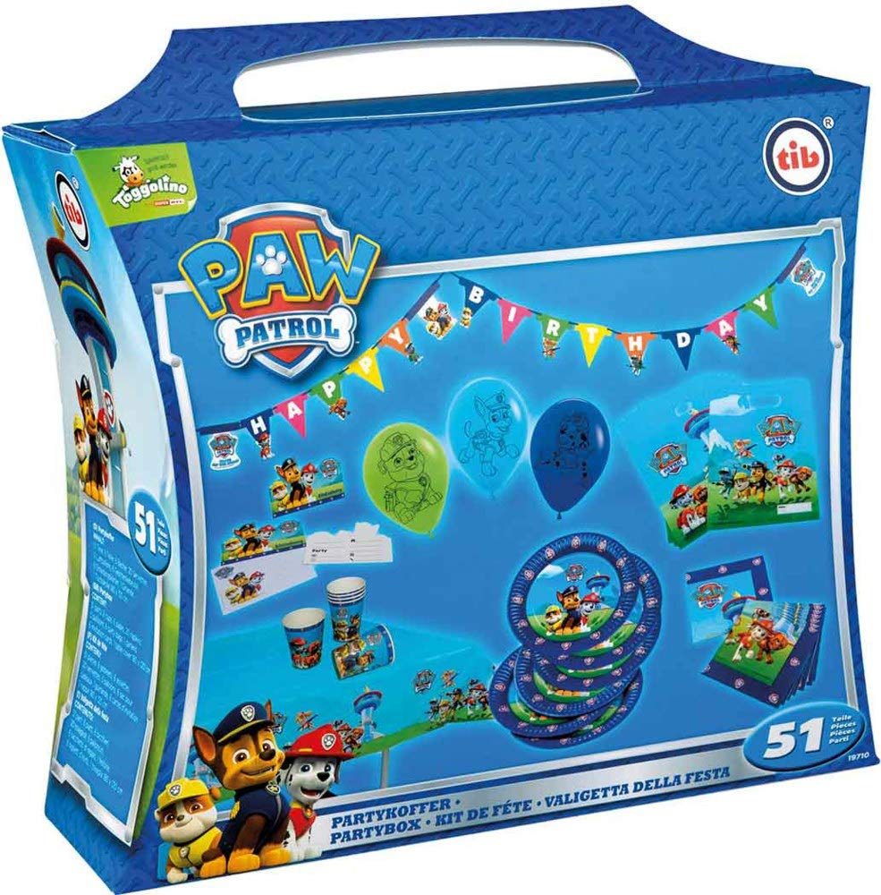 TIB Heyne 19710 - Partykoffer Paw Patrol, 51 Teile, Partygeschirr und Dekoration, Kindergeburtstag P