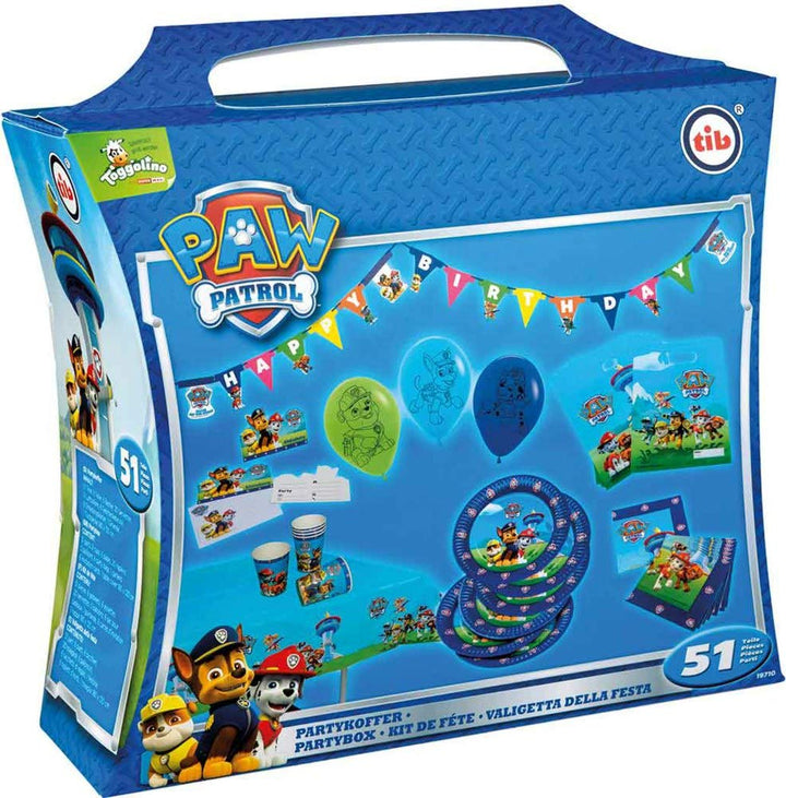 TIB Heyne 19710 - Partykoffer Paw Patrol, 51 Teile, Partygeschirr und Dekoration, Kindergeburtstag P