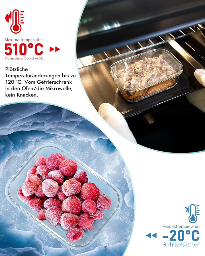 Frischhaltedosen aus Glas 8er-Set – Vorratsbehälter, Ofenfest (-20°C bis 510°C), Luftdichter Verschl
