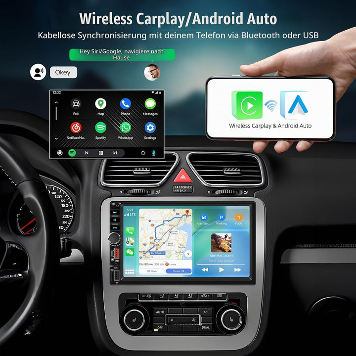 CAMECHO Autoradio mit IPS Bildschirm,7 Zoll 2 Din Apple CarPlay Android Auto Touch Screen Display, W