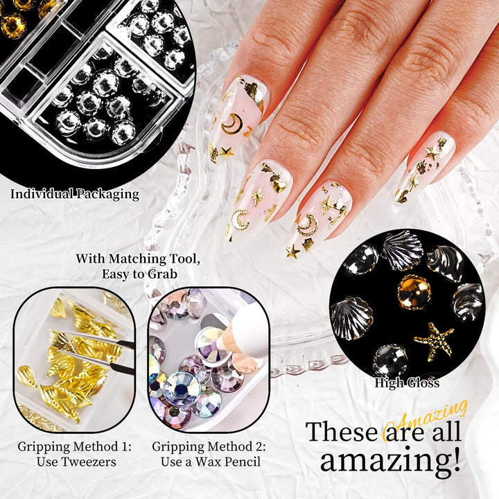 JODSONE Nagelcharms, Nagel-Rhinestone-Set mit 6 Schachteln Rhinestones, 12 Nagelsticker in zwei Farb