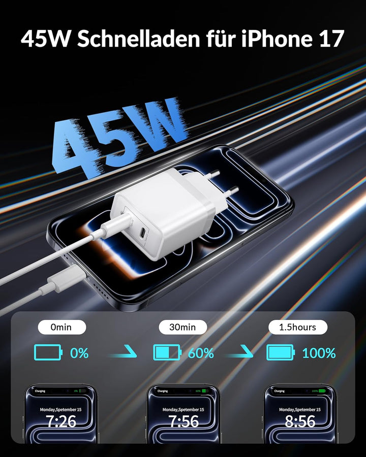 45W USB C Ladegerät Ladekabel, 2-Port Schnellladegerät und USBC 2M+3M Schnellladekabel für iPhone 17