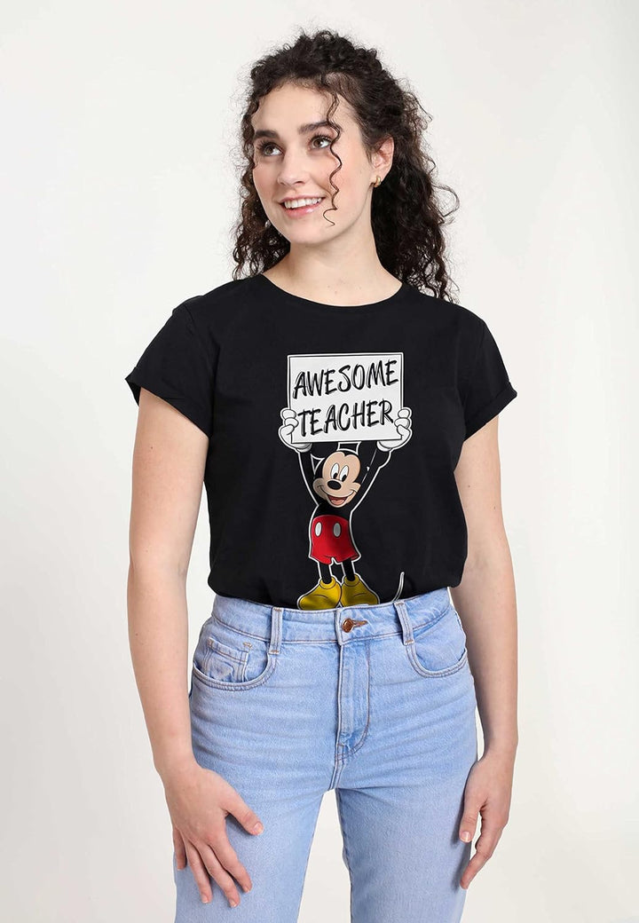 Disney Damen Classic-Mickey Awesome Teacher Women's Organic Rolled Sleeve T-Shirt XL Schwarz, XL Sch