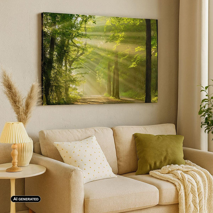 Bilder auf Leinwand 100x70cm Leinwandbild mit Rahmen Wald Baum Natur Gross Wanddeko Bild Schlafzimme