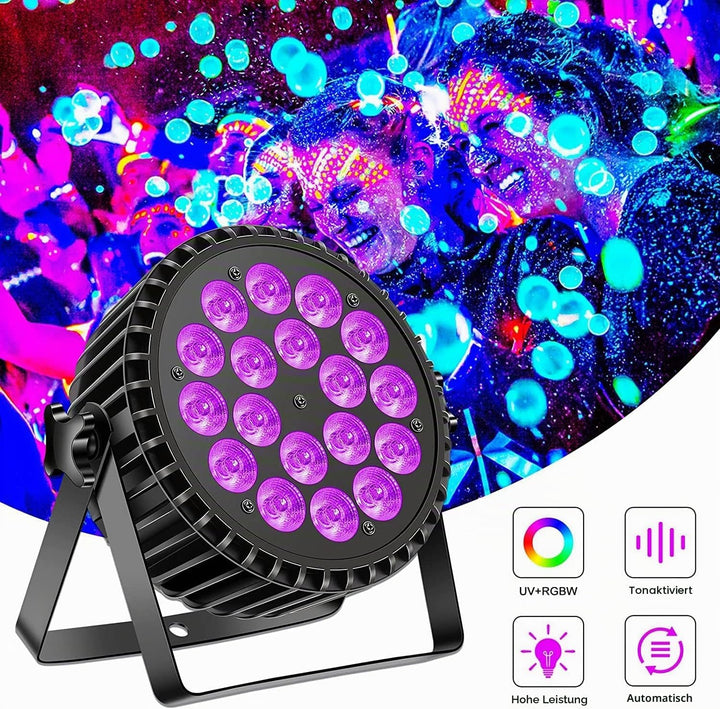 200W Par LED Scheinwerfer RGB UV Schwarzlicht Strahler, 18 LED Bühnenlicht Partylicht DMX512 für Par