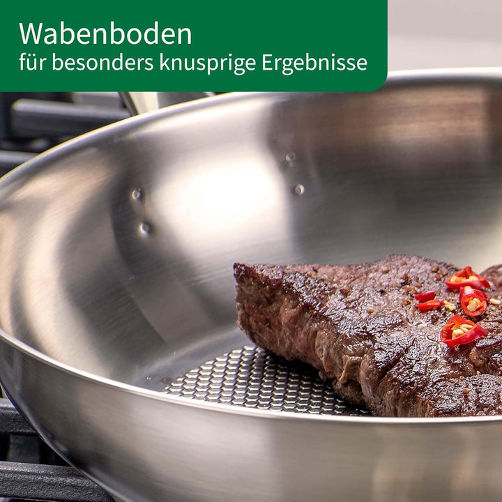 Chefkoch trifft Fackelmann Bratpfanne München Ø 24 cm aus Edelstahl mit Glasdeckel – Wabenboden, PFA