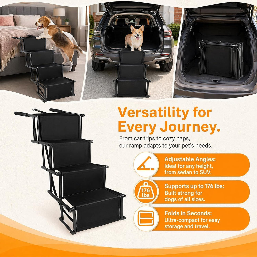 Hundetreppe Auto Klappbar, Hunderampe 4 Stufen für Auto, SUV &amp; Hohe Betten | Leichte Design bis 80 k