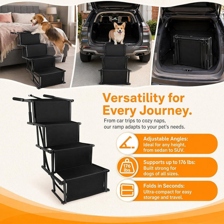 Hundetreppe Auto Klappbar, Hunderampe 4 Stufen für Auto, SUV &amp; Hohe Betten | Leichte Design bis 80 k