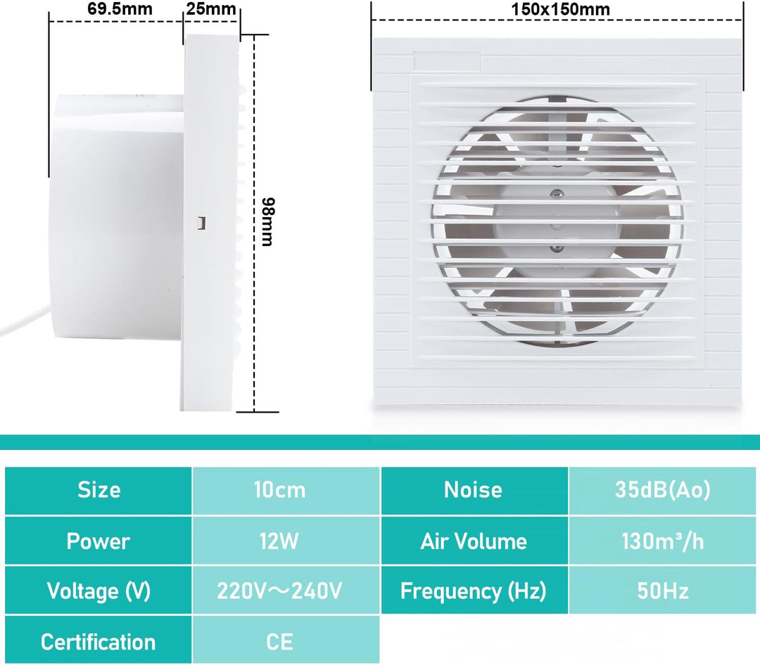 Badlüfter 100 mm – Leiser Abluftventilator für Bad, WC und Küche, mit Kupfermotor, 130 m³/h, gegen F