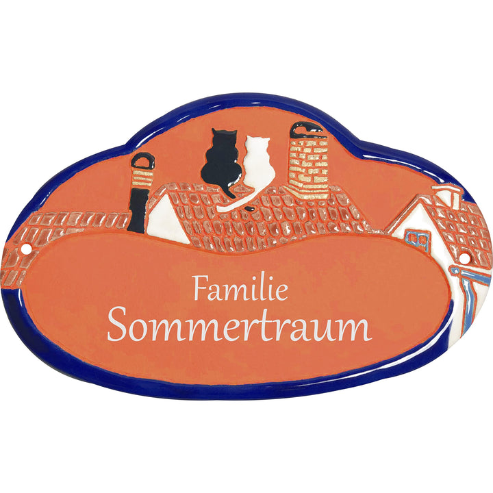 Handarbeit aus Schleswig-Holstein Keramikschild 19,5 x 12,5 cm Motiv Zwei Katzen auf Dachfirst (Terr