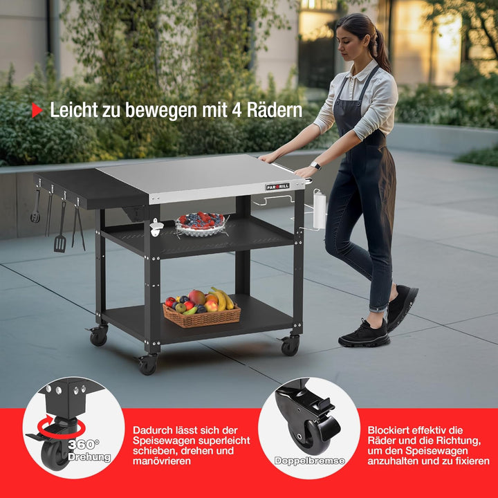 Grillwagen beweglicher Servierwagen mit 3 Ebenen, klappbarem Beistelltisch und 360° schwenkbaren Rol