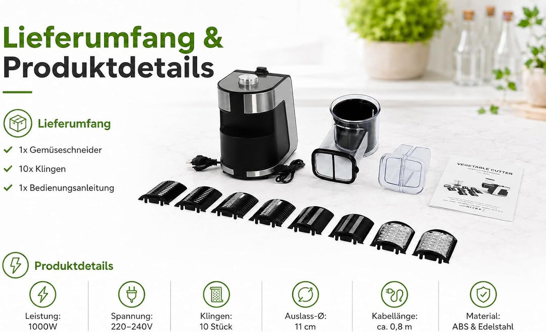 Elektrische Gemüsereibe, 1000 W, mit 10 Klingen aus Edelstahl, elektrischer Gemüseschneider für Karo