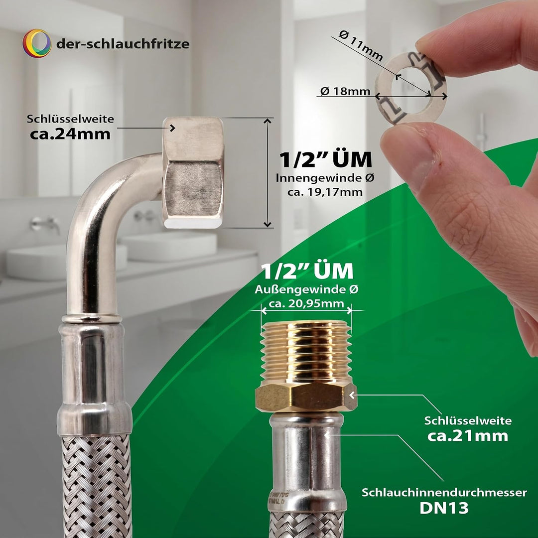 H2O-Flex® Flexschlauch 1/2" Aussengewinde x 1/2" Überwurfmutter Bogen, 1,5m 150cm / 1500mm, 150cm /