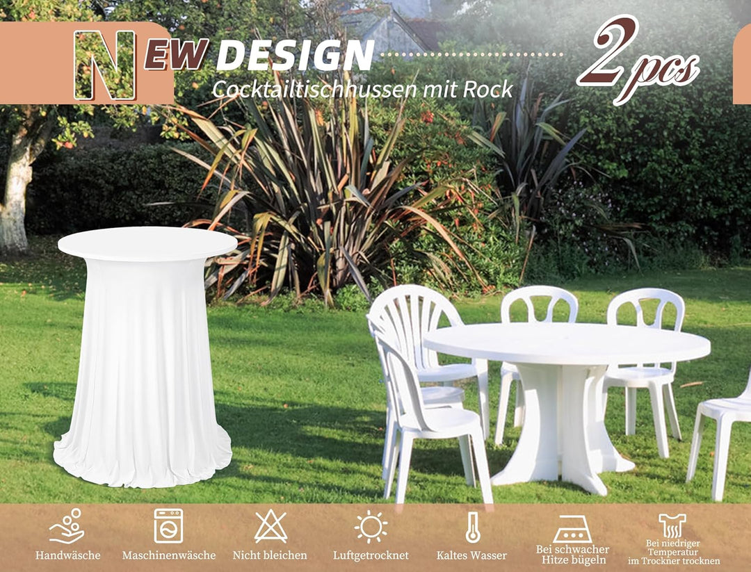 2er-Set Weiss Stehtisch Hussen Stretch mit Rock, 80 x 110 cm,schmutzabweisend, knitterfrei, waschbar