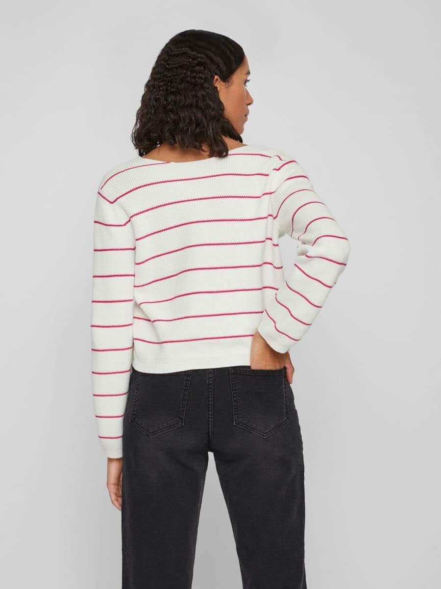 Vila Damen Vichao V-Neck L/S Knit Top/Su-Noos Strickpullover, M White Alyssum/Stripes:pink Yarrow
