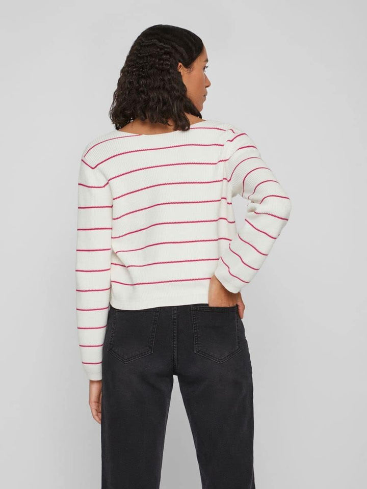 Vila Damen Vichao V-Neck L/S Knit Top/Su-Noos Strickpullover, M White Alyssum/Stripes:pink Yarrow