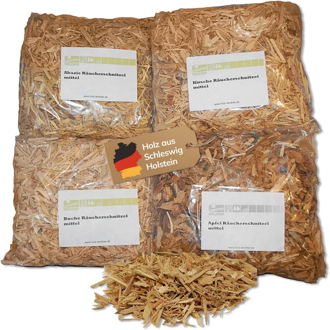 Landree® Starter Set Räucherschnitzel Kirsche, Apfel, Akazie, Buche, 4X 2 Liter für Smoker und Grill