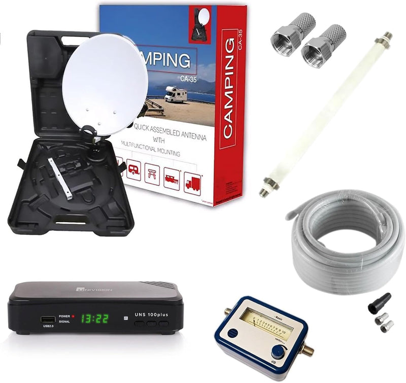 Mobile Camping SAT-Antenne inkl. HD Satelliten-Receiver Satelliten-Finder & Kabel-Set & Fensterdurch