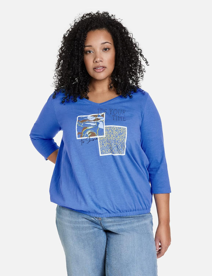 Samoon Damen 3/4 Arm Shirt mit Front-Print 3/4 Arm Frontprint 44 Blue Bonnet Gemustert, 44 Blue Bonn
