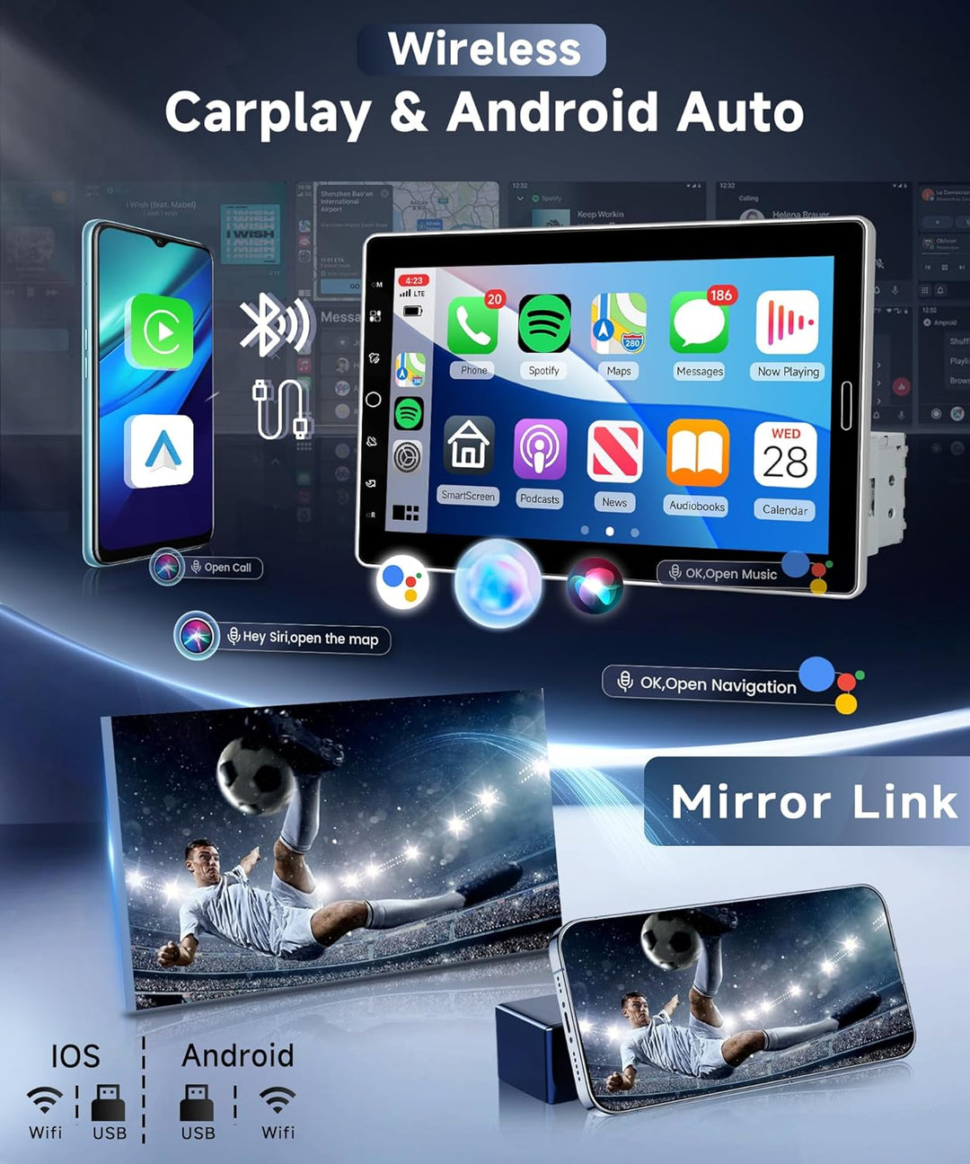 VECHTEL Autoradio 1 Din mit Drahtlos Carplay Android Auto, 10.1 Zoll HD IPS Touchscreen Autoradio mi
