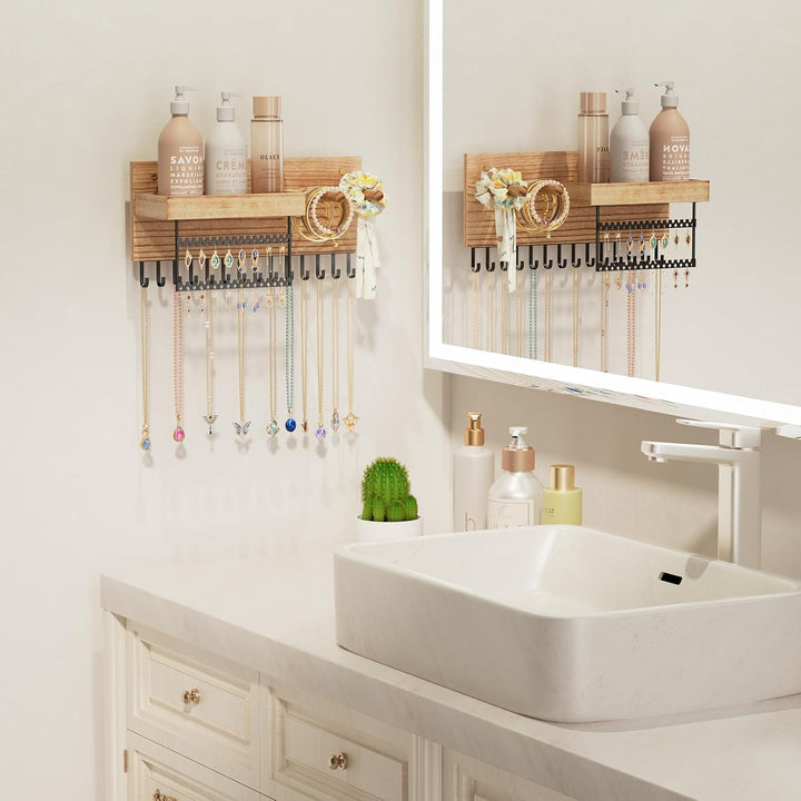 Lolalet Hängeschmuck Organizer, Hölzerne Schmuckaufbewahrungsregal mit 15 Haken, Wandmontierte Halsk
