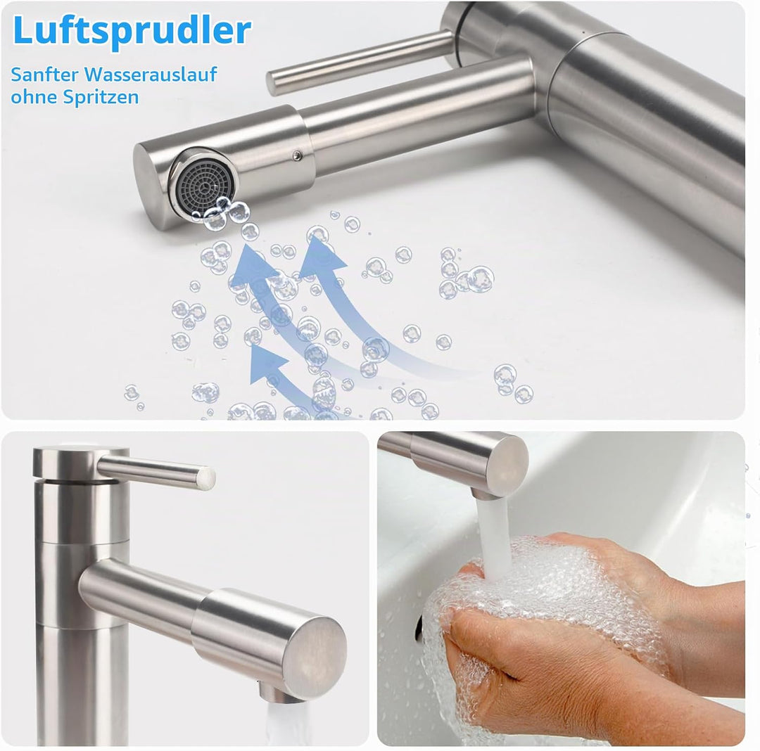 Wasserhahn Bad 360° Drehbar Waschtischarmatur Edelstahl Silber | Armatur Badezimmer mit Keramikkartu