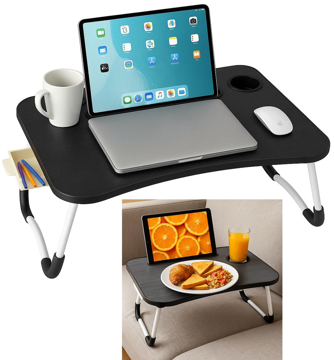Betttablett Klappbar, Frühstückstablett mit Griff und Getränkehalter, Serviertisch, Ideal für Lesen