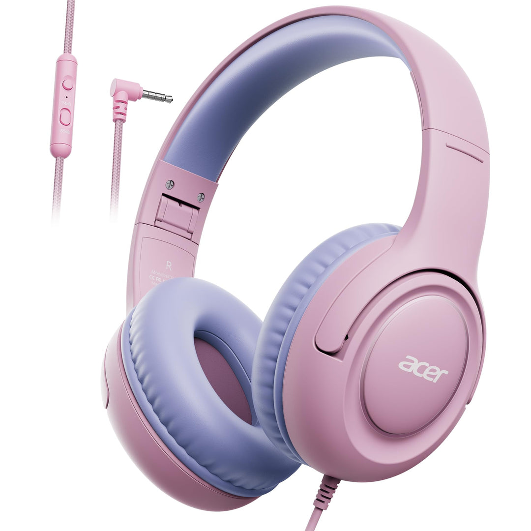 Acer Kopfhörer Kinder mit 3,5 mm Kabel, 85/94dB Lautstärkebegrenzung Hellrosa Lila, Hellrosa Lila