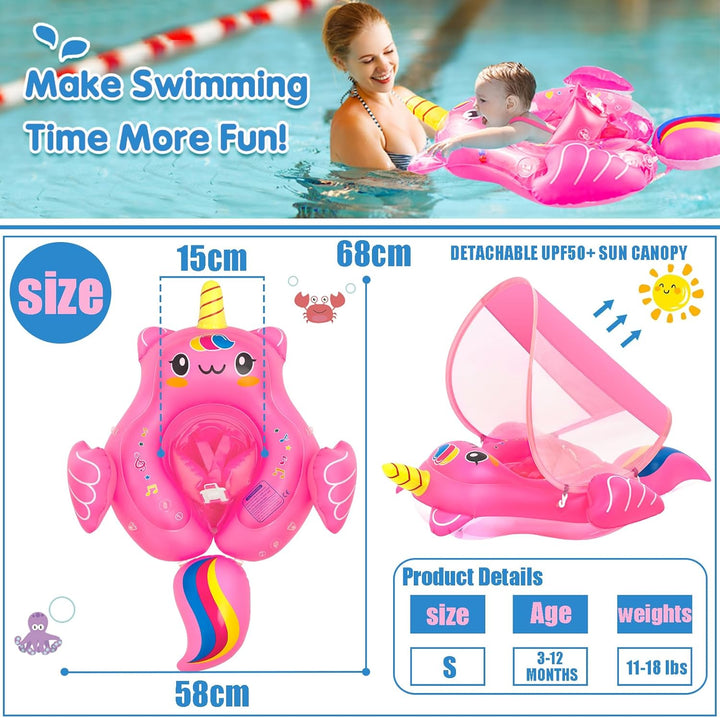 Baby Schwimmring mit UPF50+Sonnendach für ab 3-24 Monate,Aufblasbare Schwimmtrainer Schwimmhilfe Bab
