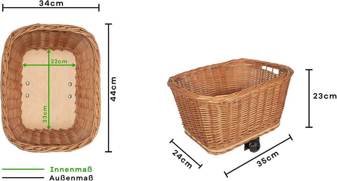Tigana - Einkaufskorb Transportkorb Fahrradkorb Weide für Gepäckträger eckig 44x34 cm Natur (44-N)