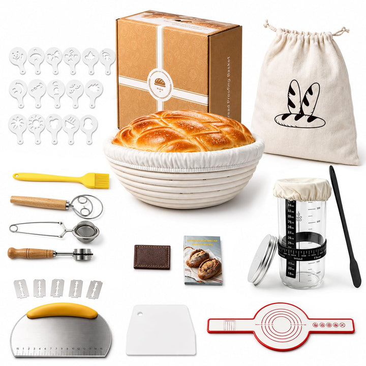 Sauerteig Starter Set mit Gärkorb, Gärglas und Brotbackzubehör | Brotbackset Mit Gärkörbchen 23CM mi