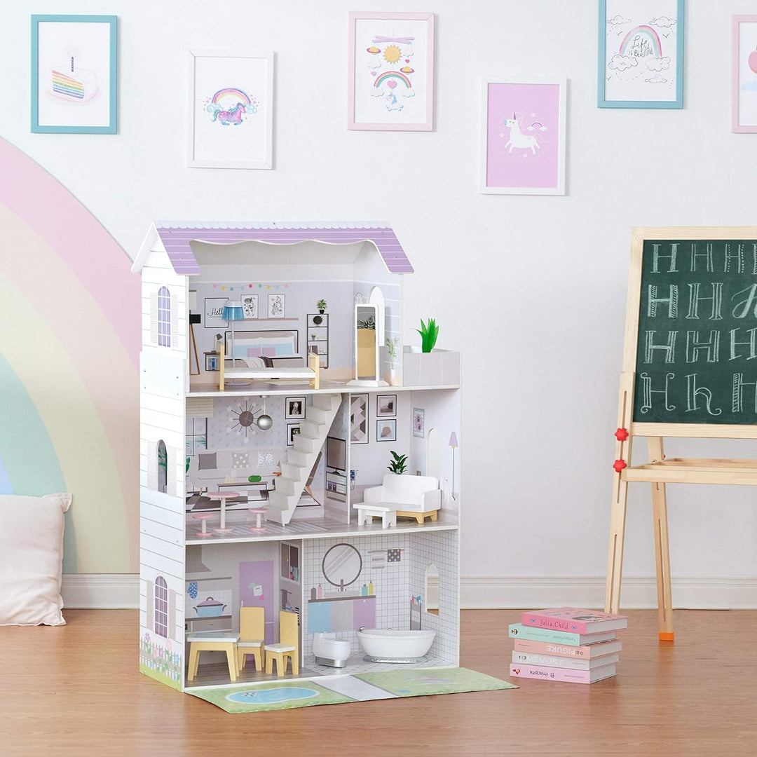 Teamson Kids Olivia’s Little World Grand Kinder-Puppenhaus aus Holz mit 3 Ebenen mit Garten und 16 i