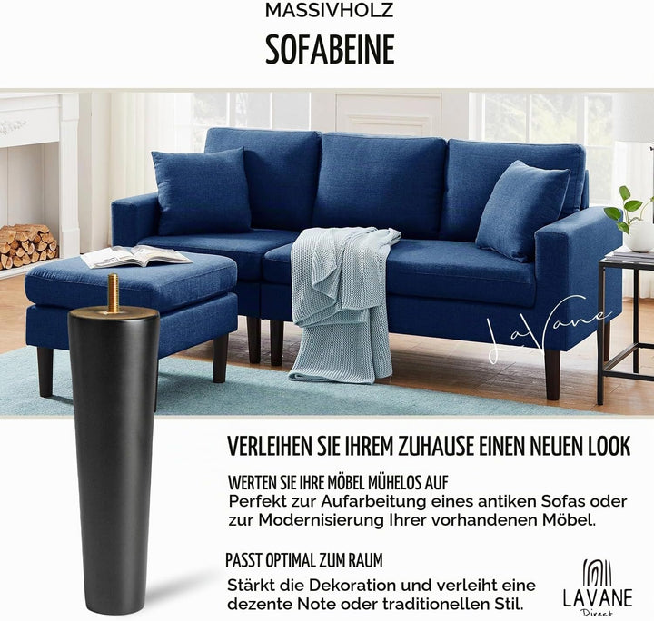 La Vane 4 Stück Möbelfüsse aus Massivholz - 12cm Höhe, Schwarz, Konisch mit M8 Gewindebolzen &amp; Monta