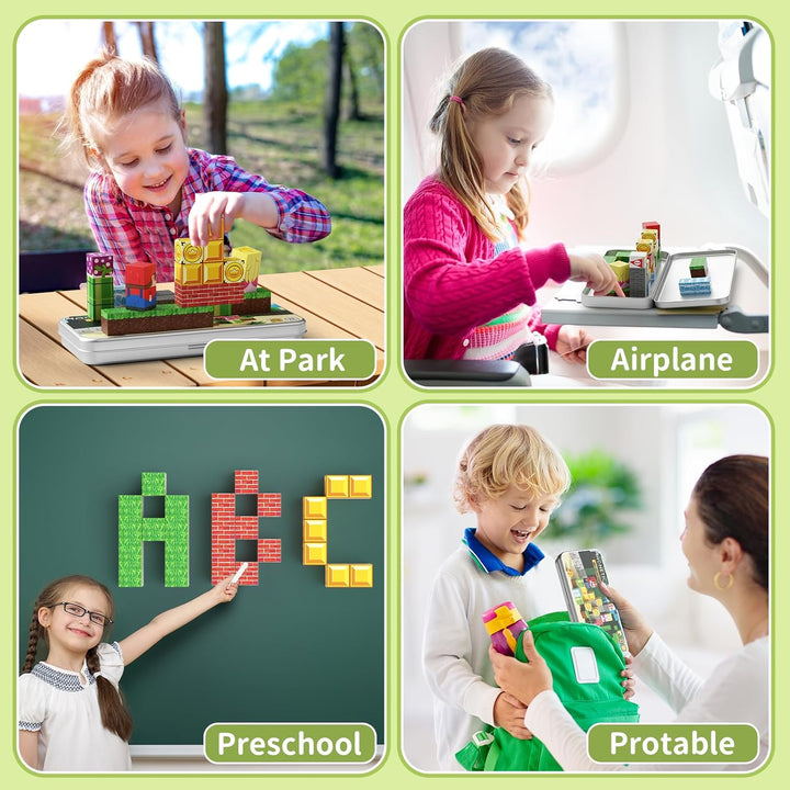 Magnetische Bausteine Reisespielzeug für Kinder, Tragbare Eisenbox Magnetische Spielsteine 35 PCS, M