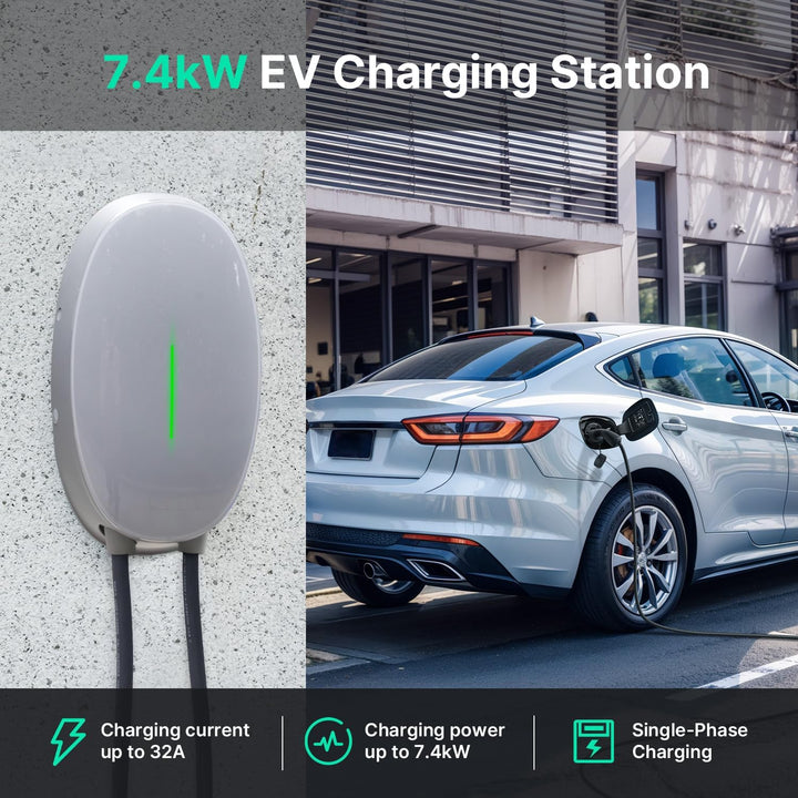 EV Ladegerät Wandhalterung mit 7kW Typ 2, 32A Einphasiges Heim Ladestation Wallbox, 6m Ladekabel und