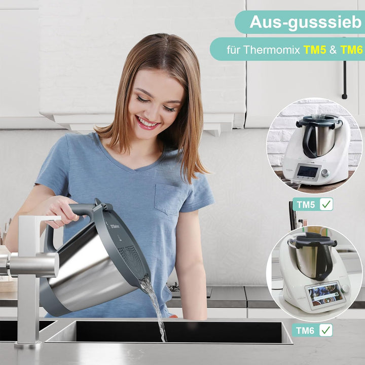 Ausgusssieb für Thermomix TM6 TM5, Abgiesshilfe und Spritzschutz, BPA freies Nudelsieb, Siebaufsatz