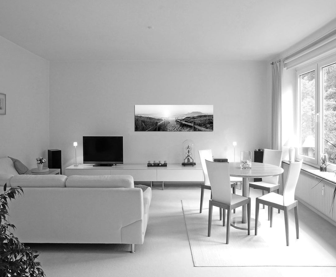 Paul Sinus Art Leinwandfoto als Panorama SCHWARZ/Weiss 150x50cm Dünen Strand Sonnenuntergang Meerbli